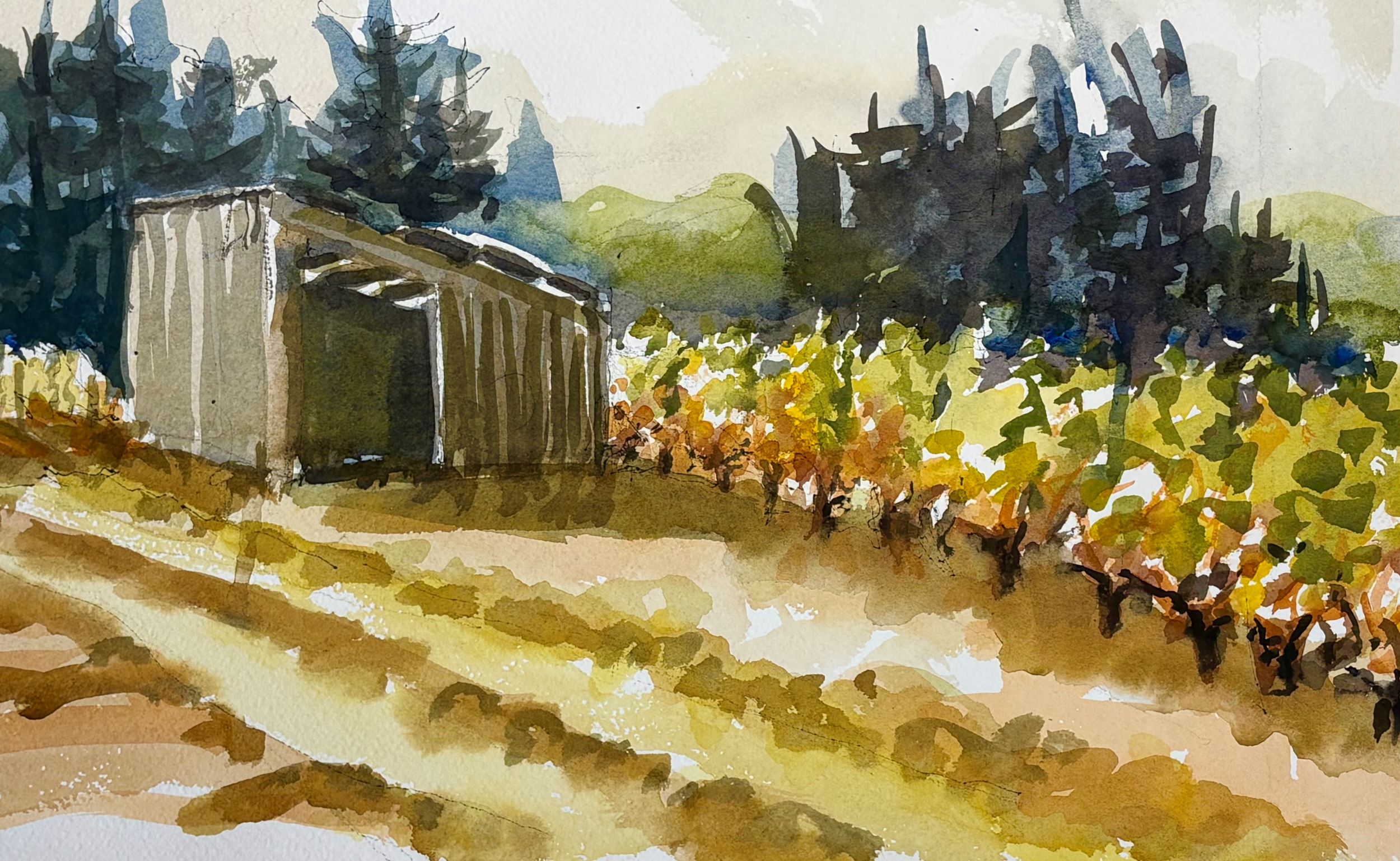 Martha Rogers, Fall at Suyematsu Farms, Watercolor on paper.